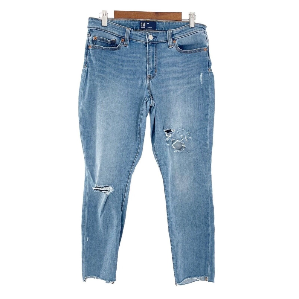 Gap‎ Denim Legging Ankle Jeans 30R Distressed Light Blue Indigo Wash Raw Hem